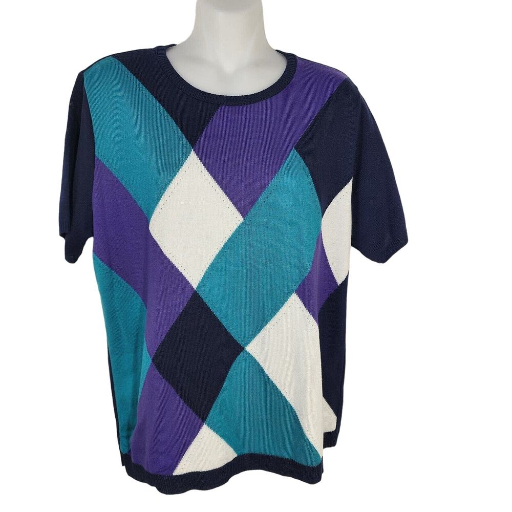 Alfred Dunner Womens Sweater Small Multicolor Colorblock Short Sleeve Round Neck